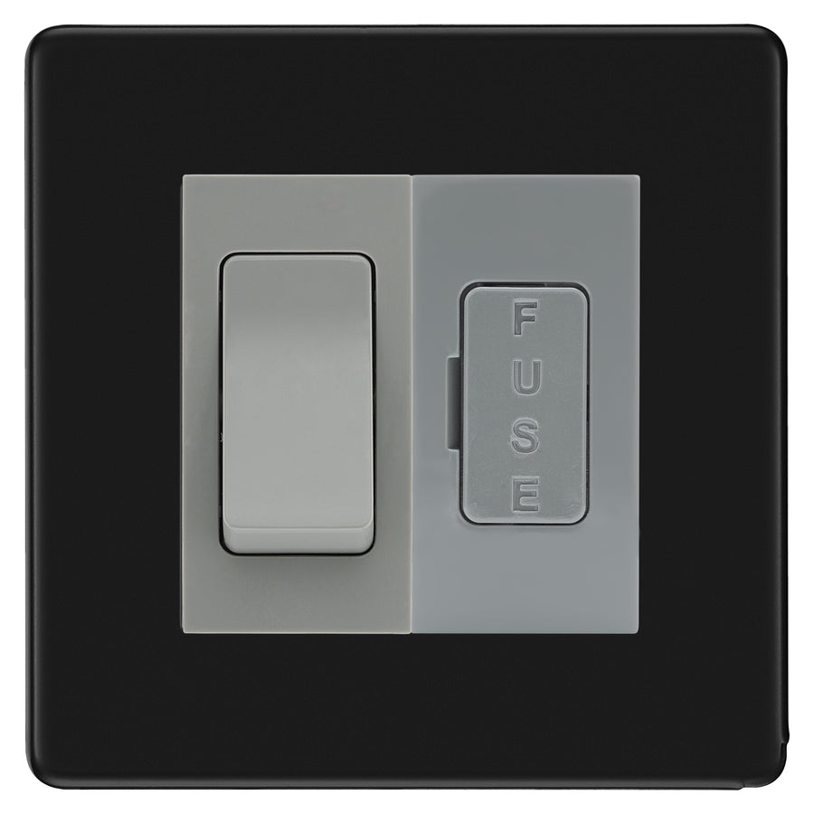 BG Screwless Matt Black 2 Way Light Switch & 13A Fused Spur Plate | Grey Insert