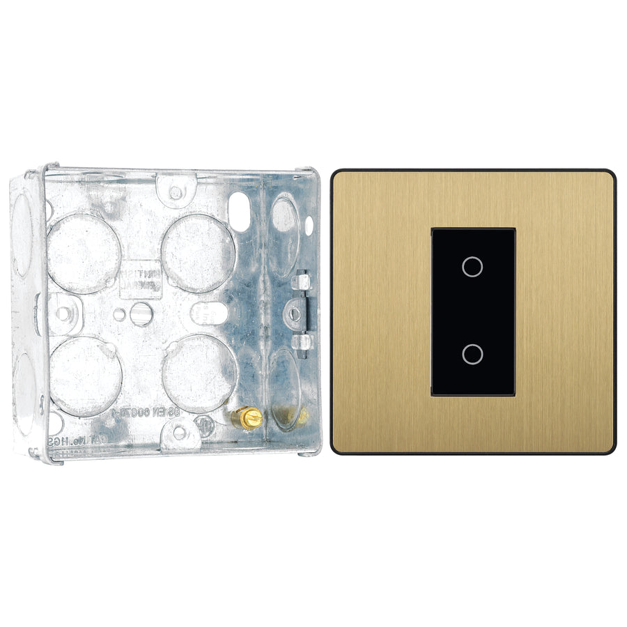 BG Evolve Satin Brass Single Master Touch Dimmer Switch PCDSBTDM1B with 35mm Steel Back Box