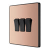BG Evolve Polished Copper 3 Gang 20A 16AX 2 Way Light Switch PCDCP43B with 35mm Steel Back Box