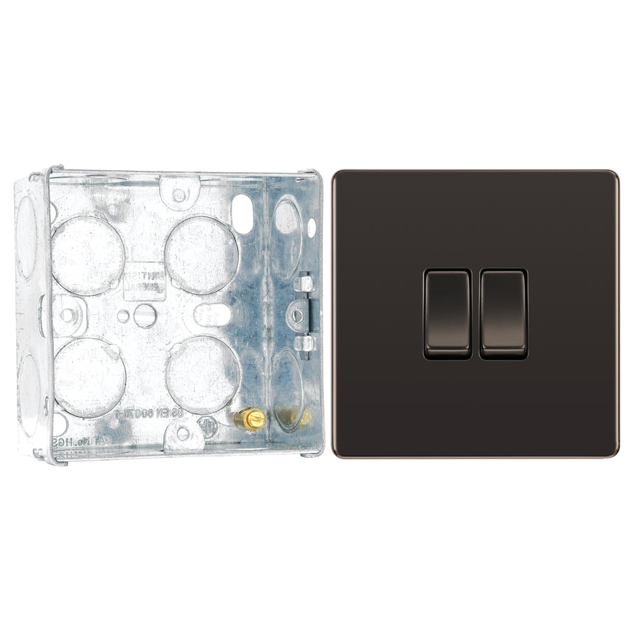 BG Screwless Black Nickel 20A 16AX 2 Way Double Light Switch FBN42 with 35mm Steel Back Box