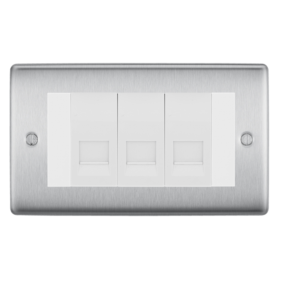 BG Nexus Brushed Steel 3 Gang Master Telephone Socket, Screw Terminal - White Insert