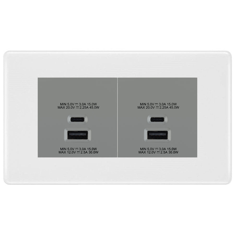 BG Nexus White 4 Gang Euro Plate with 45W USB A+C Charger Modules - Grey Insert