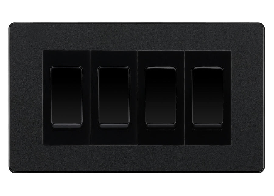 BG Evolve Matt Black 4-Gang Light Switch 1x 2-Way + 3x Intermediate – Black Inserts