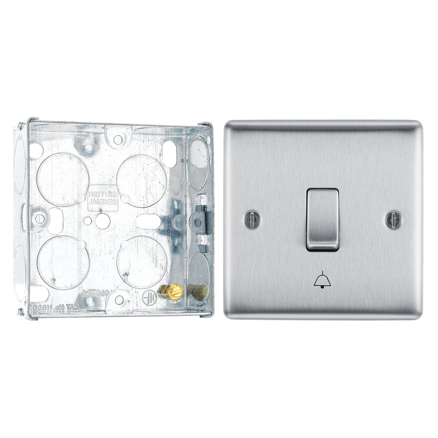 BG Nexus Brushed Steel 10AX Bell Push Switch NBS14 with 25mm Steel Back Box