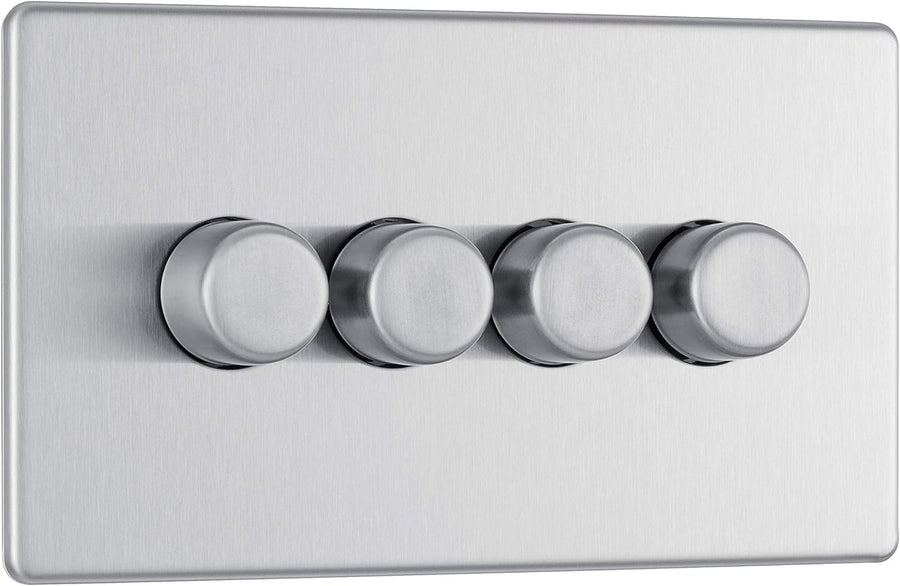 BG FBS84P Flatplate Screwless 4 Gang, 2 Way, 400w Brushed Steel Dimmer Switches