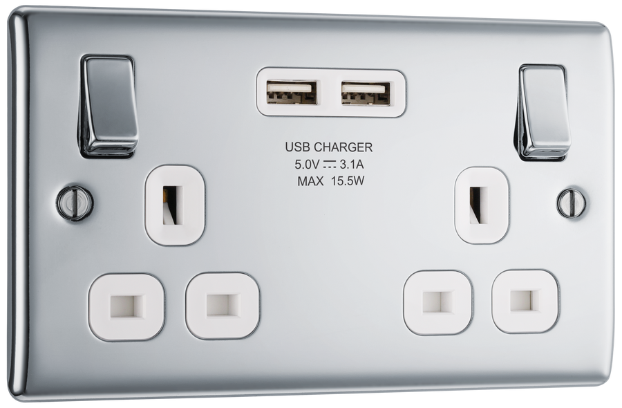 NPC22U3W Front - This 13A double power socket from British General comes with two USB charging ports, allowing you to plug in an electrical device and charge mobile devices simultaneously without having to sacrifice a power socket.