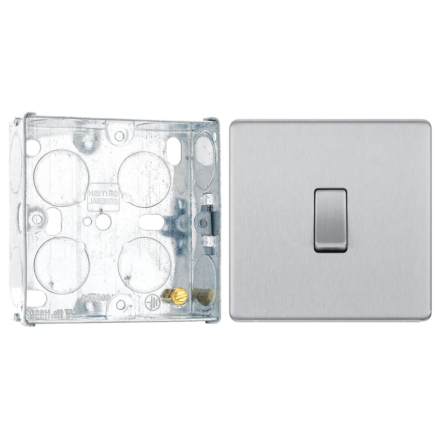 BG Screwless Brushed Steel 20A 16AX Intermediate Light Switch FBS13 with 25mm Steel Back Box
