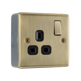 Antique Brass 13A Switched Single Socket & Surface Pattress Back Box