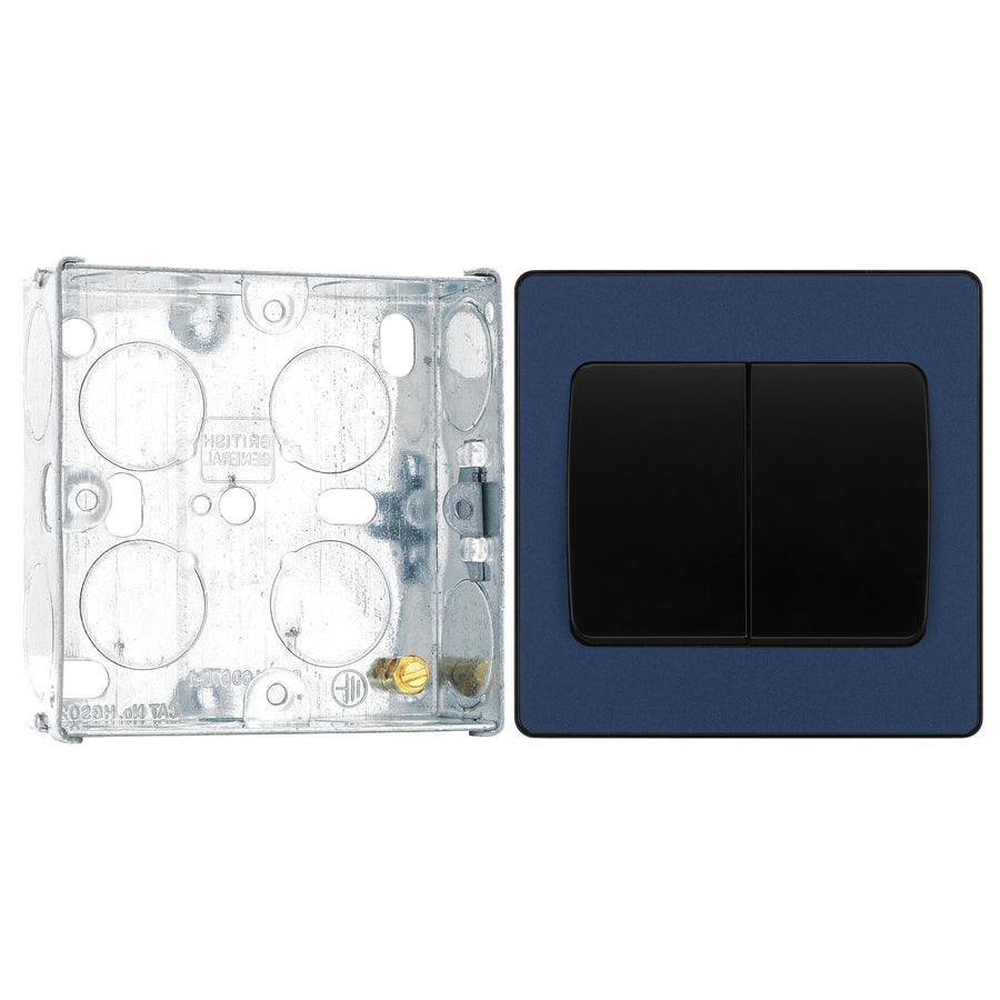 BG Evolve Matt Blue 2 Gang 20A 16AX 2 Way Wide Rocker Light Switch PCDDB42WB with 25mm Steel Back Box