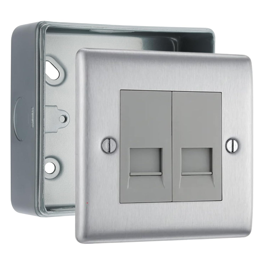 BG Nexus Brushed Steel 2 Gang Master Telephone Socket with Surface Pattress Back Box