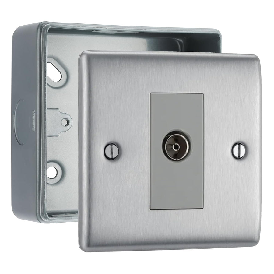 BG Nexus Brushed Steel Single Isolated Co-Axial Socket & Surface Pattress Back Box