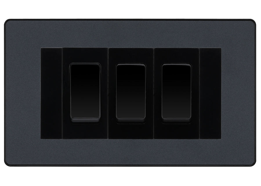 BG Evolve Matt Grey 3 Gang Intermediate Light Switch Custom Grid - Black Insert