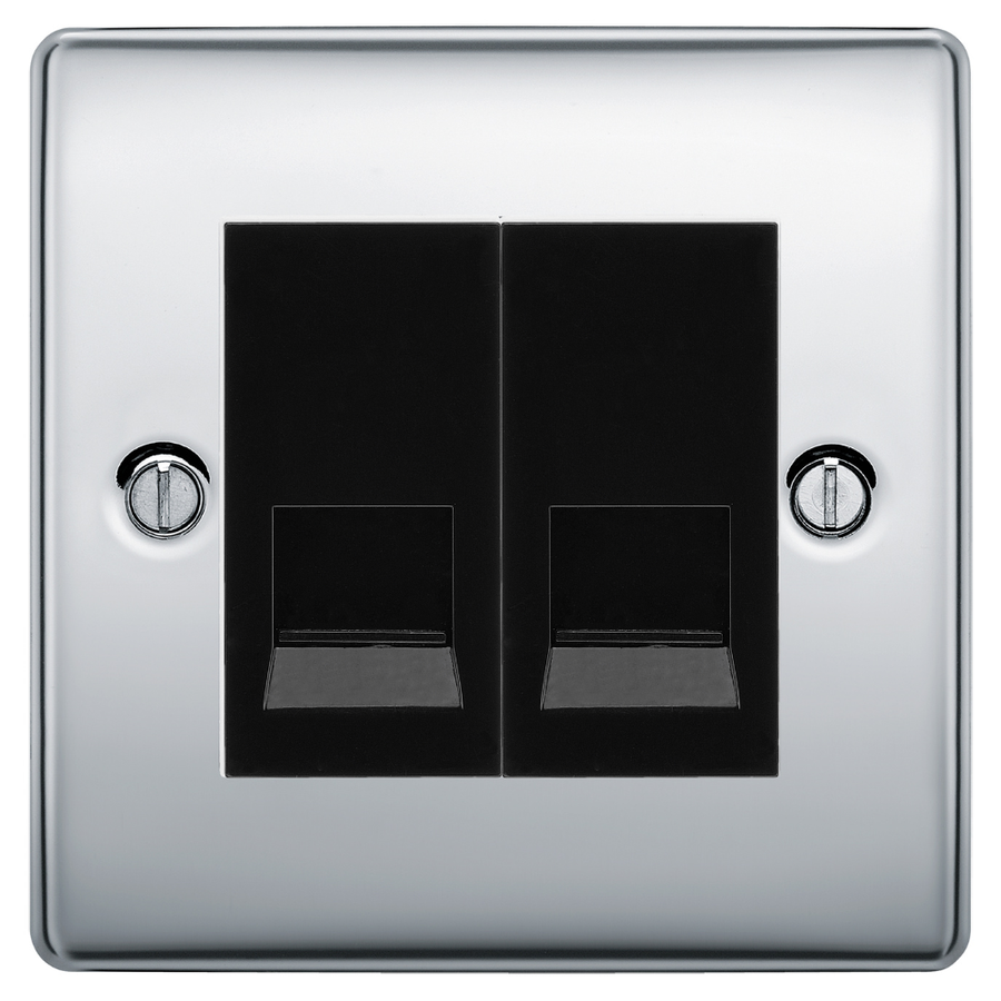 BG Nexus Polished Chrome Double Secondary Telephone Socket, Screw Terminal - Black Insert