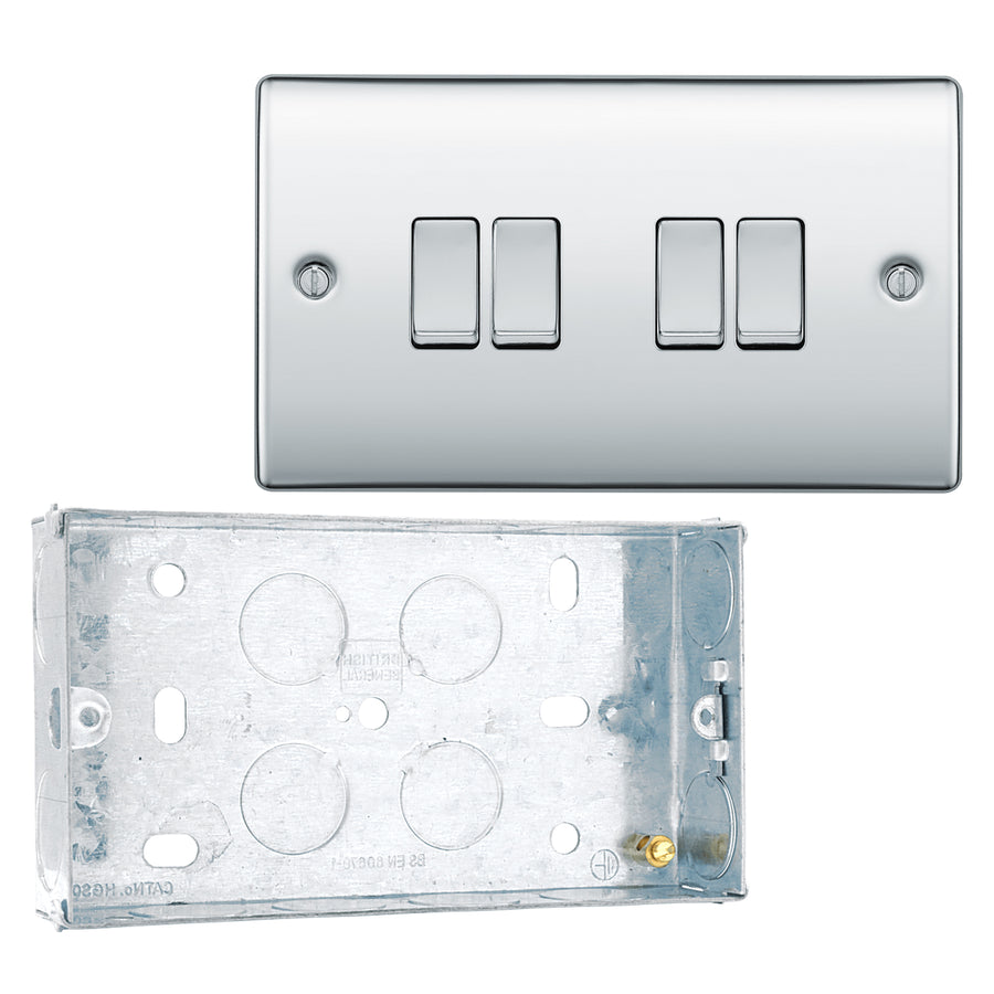 BG Nexus Metal Polished Chrome 20A 16AX 2 Way Quadruple Light Switch NPC44 with 25mm Steel Back Box
