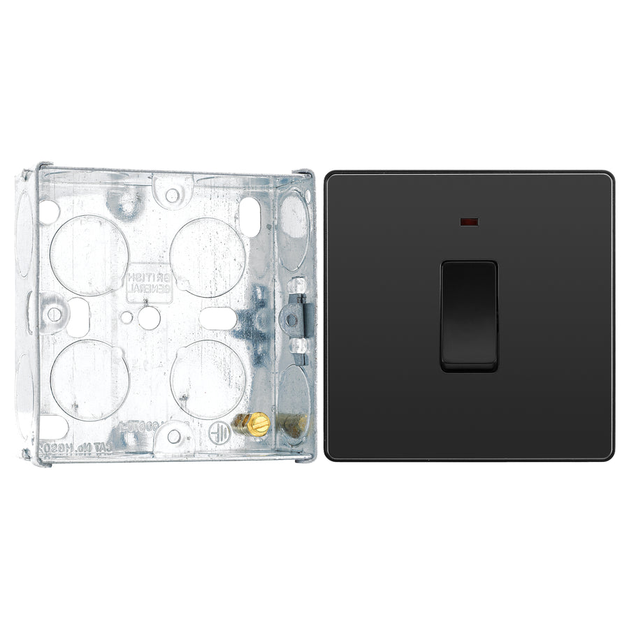 BG Evolve Black Chrome 20A Double Pole Switch with Neon PCDBC31B with 25mm Steel Back Box