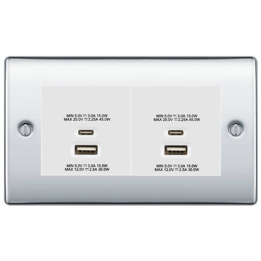 BG Polished Chrome 4G Euro Plate with 45W USB A+C Charger Modules - White Insert