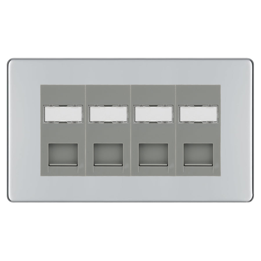 BG Screwless Polished Chrome 4 Gang RJ45 CAT6 Data Socket Grey Inserts