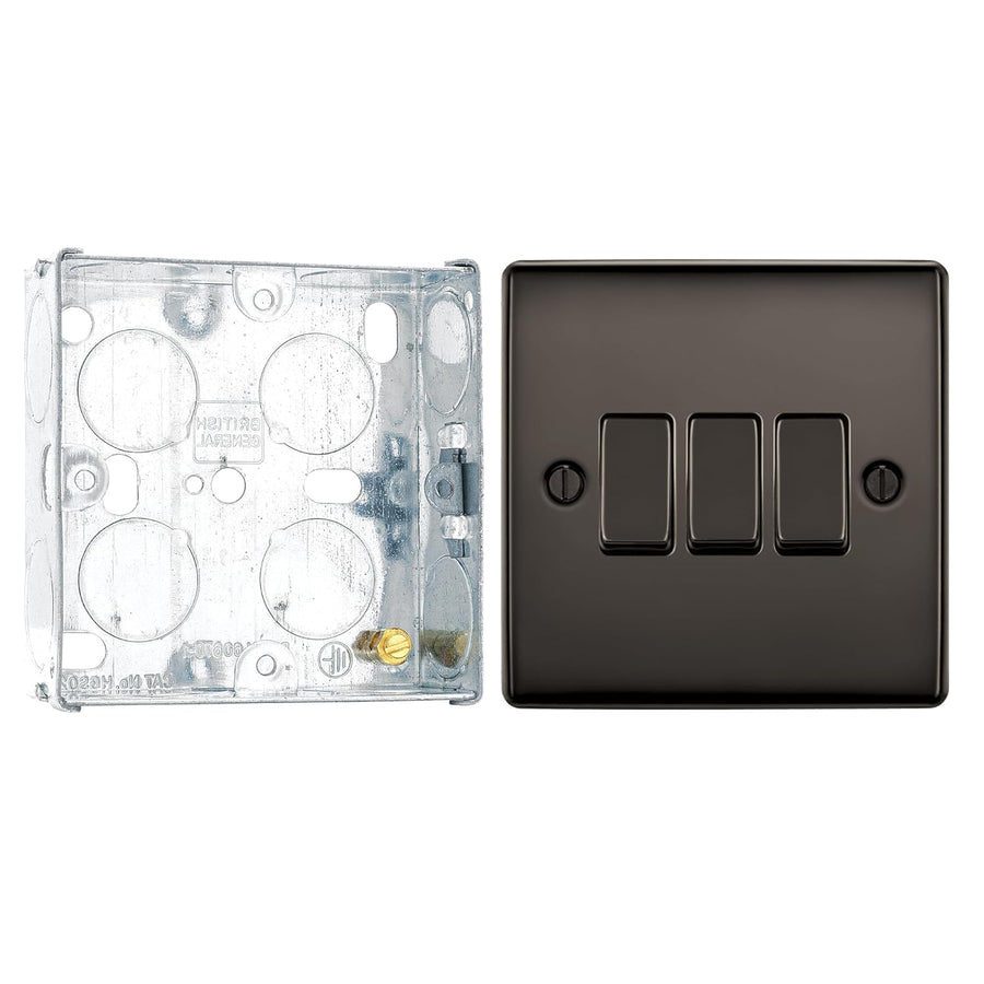 BG Nexus Black Nickel 20A, 16AX 2 Way Triple Light Switch NBN43 and 25mm Steel Back Box