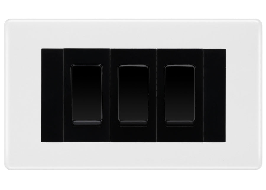 BG White Moulded 3 Gang Intermediate Light Switch Custom Grid - Black Insert