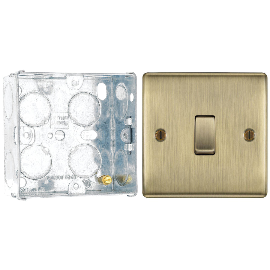 BG Nexus Antique Brass 20A 16AX 2 Way Single Light Switch NAB12 with 35mm Steel Back Box