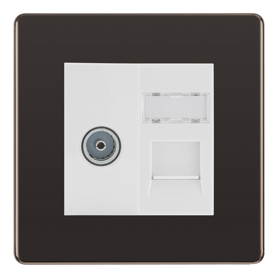 BG Screwless Black Nickel TV Aerial & RJ45 CAT6 Data Socket - White Insert