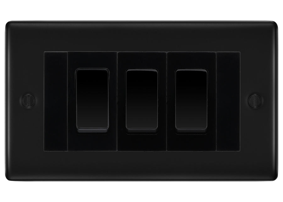 BG Nexus Matt Black 3 Gang Intermediate Light Switch Custom Grid - Black Insert