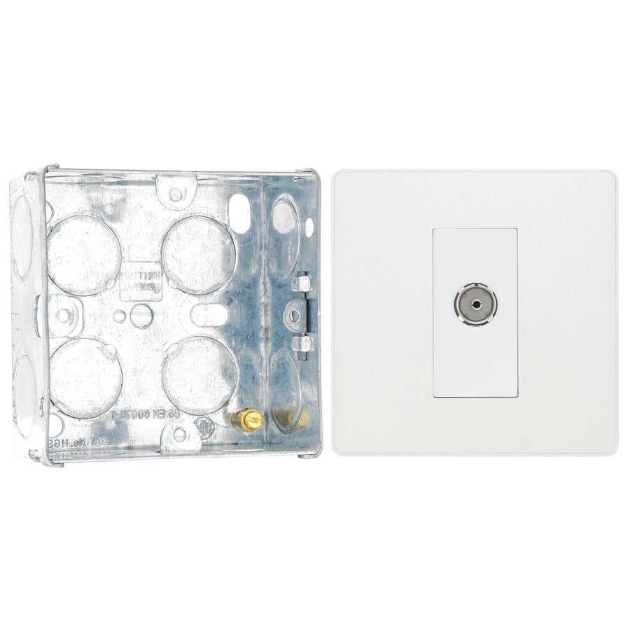 BG Evolve Pearlescent White Co-Axial Socket Outlet PCDCL60W with 35mm Steel Back Box