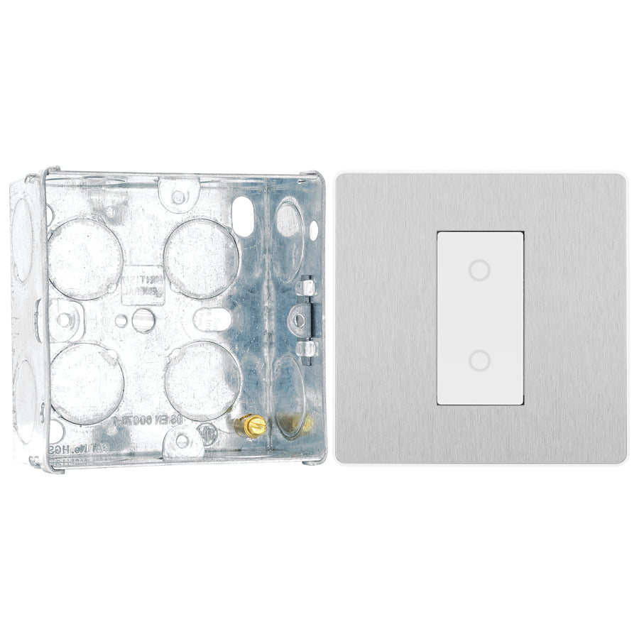 BG Evolve Brushed Steel Single Master Touch Dimmer Switch PCDBSTDM1W with 35mm Steel Back Box