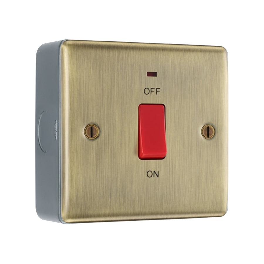 BG Nexus Antique Brass Single Plate 45A DP Neon Cooker Switch with Surface Pattress Back Box