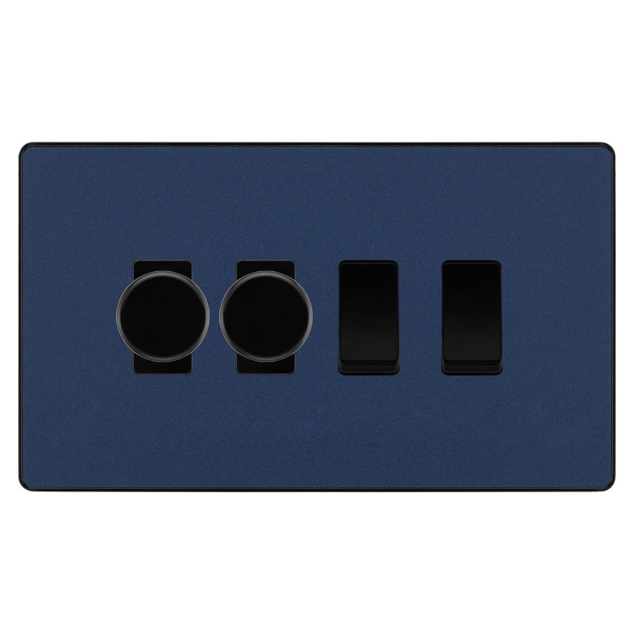 BG Evolve Matt Blue 4 Gang Light Switch 2x Trailing Edge LED Dimmer 2x 2 Way Custom Switch