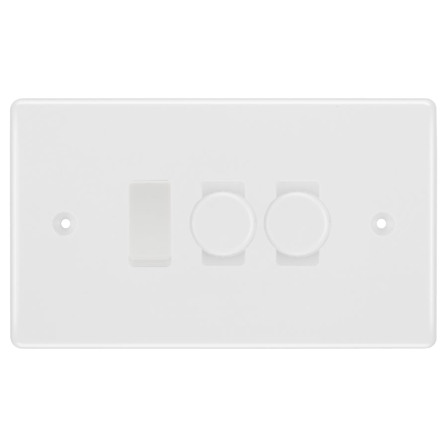 BG White 3 Gang Light Switch 2x Trailing Edge LED Dimmer 1x 2 Way Custom Switch