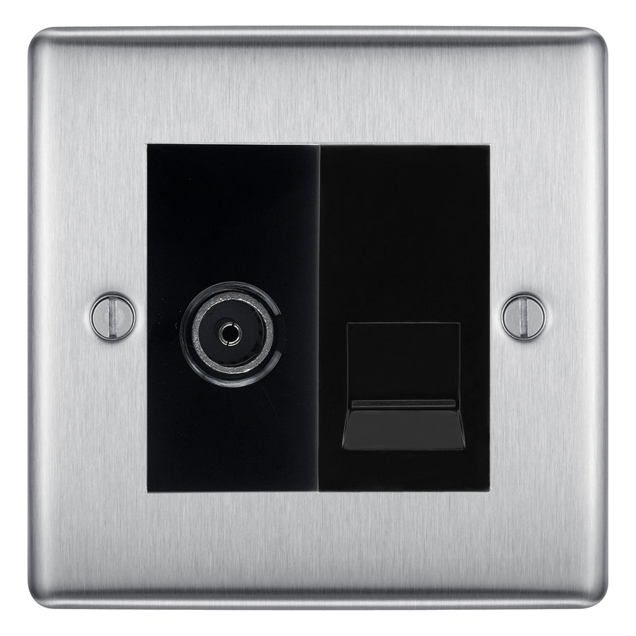 BG Nexus Brushed Steel TV Aerial & BT Telephone Outlet Plate — Screened + IDC - Black