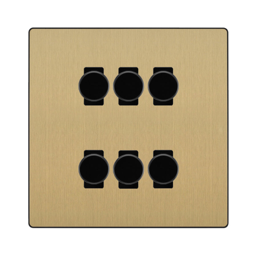 BG Evolve Satin Brass 6 Gang Trailing Edge LED Dimmer Light Switch 2 Way Custom Switch