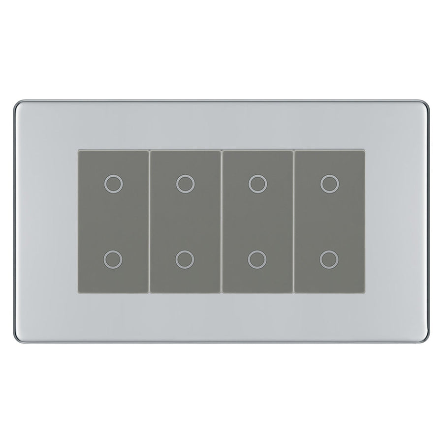 BG Nexus Screwless Polished Chrome Quad Master Touch Dimmer Switch Grey Inserts FPCTDM4G
