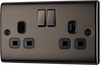 NBN22B Front - This black nickel finish 13A double switched socket from British General has a sleek and slim profile with softly rounded edges and no visible plastic around the switches to add a touch of luxury to your decor.