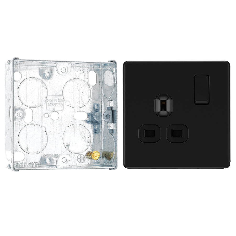 BG Screwless Matt Black 13A Single Socket FFB21B with 25mm Steel Back Box