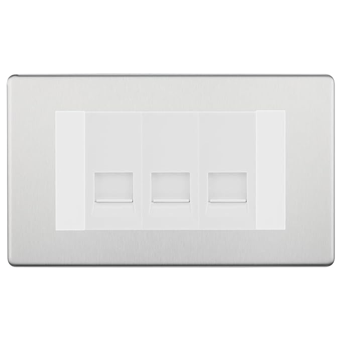 BG Screwless Brushed Steel 3 Gang RJ11 Telephone Socket Euro Module - White Insert