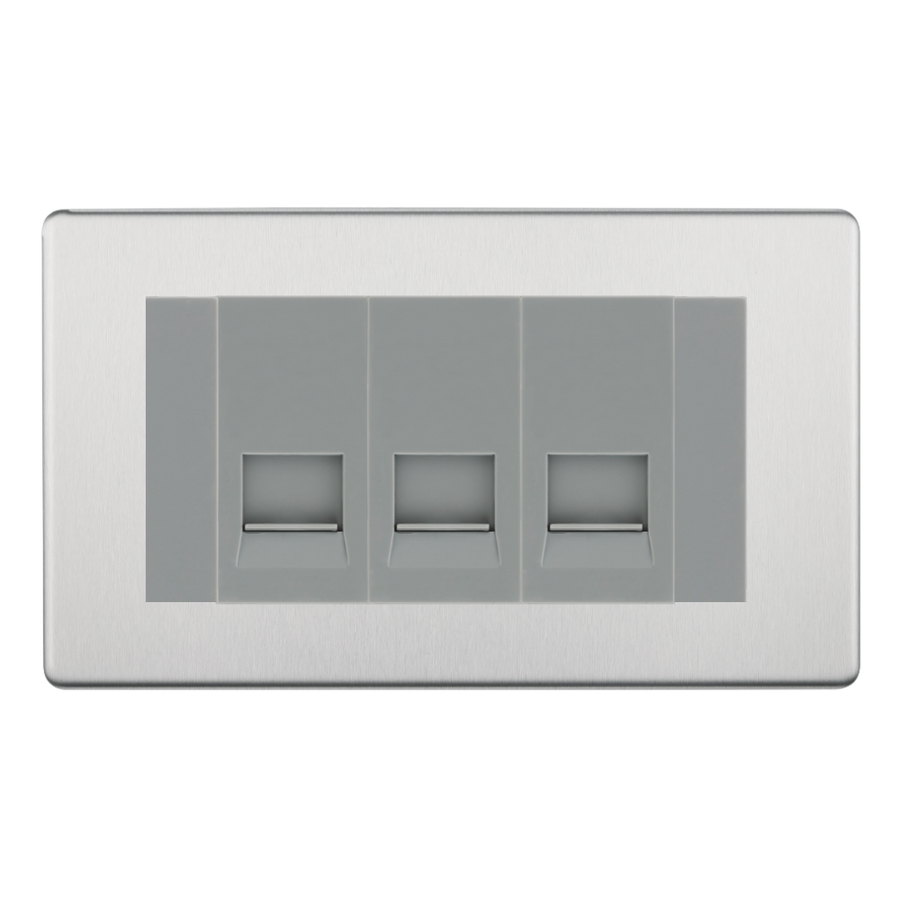 BG Screwless Brushed Steel 3 Gang Master Telephone Socket – Grey Insert