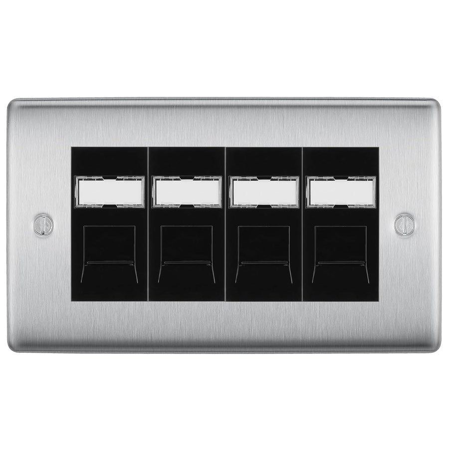 BG Nexus Brushed Steel 4 Gang RJ45 Cat6 Data Socket Outlet Black Inserts