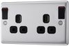 NBS22DPOBB Front - This 13A double switched socket from British General is double pole for additional safety, whilst the outboard rockers prevent inadvertently switching the wrong side off as they are not directly next to each other. This socket has a brushed steel finish with anti-fingerprint lacquer, a sleek and slim profile.