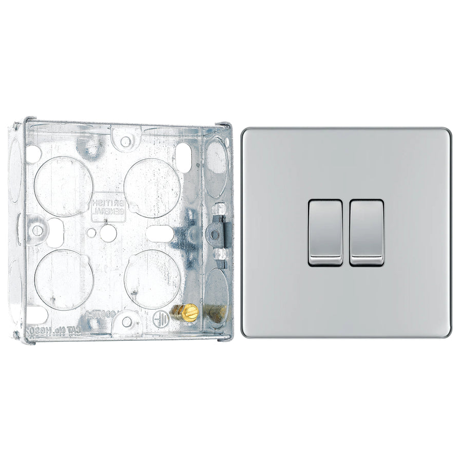 BG Screwless Polished Chrome 20A 16AX 2 Way Double Light Switch FPC42 with 25mm Steel Back Box