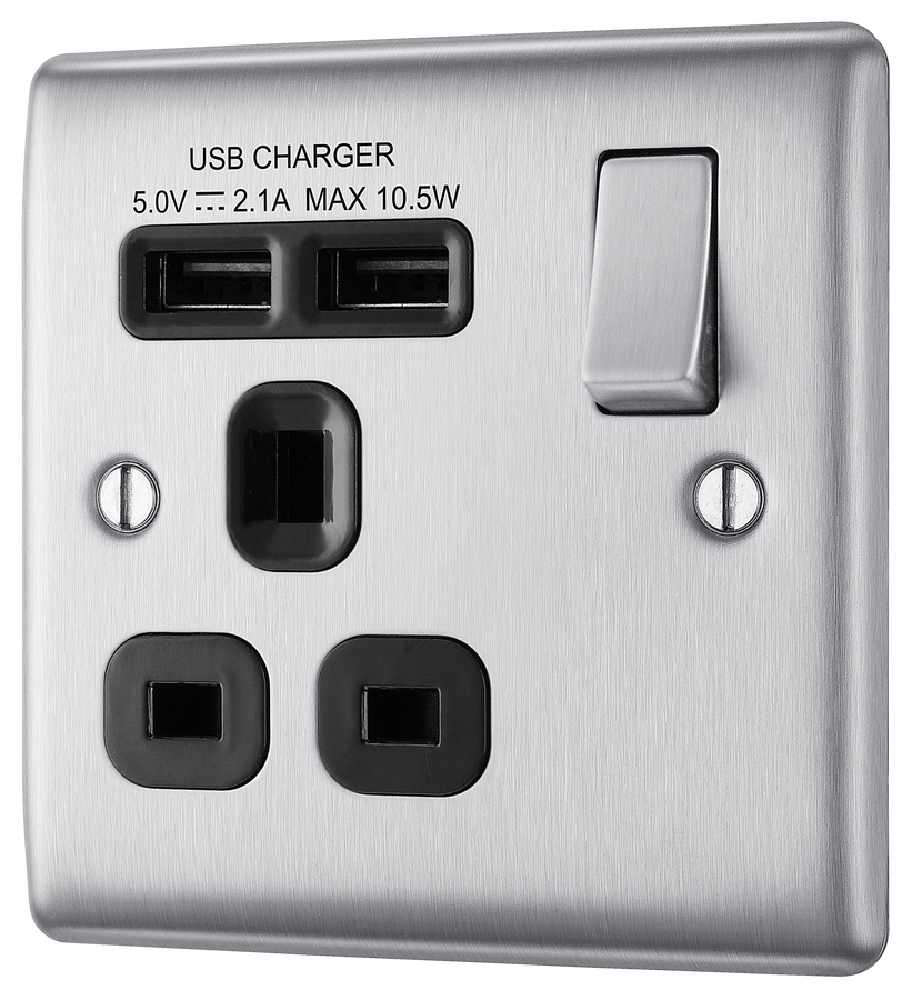 BG NBS21U2B Metal Brushed Steel 1 Gang 13A 2x USB-A 2.1A Switch Socket ...