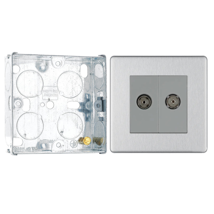 BG Screwless Brushed Steel Double Isolated Co-Axial Socket FBS63 with 25mm Steel Back Box
