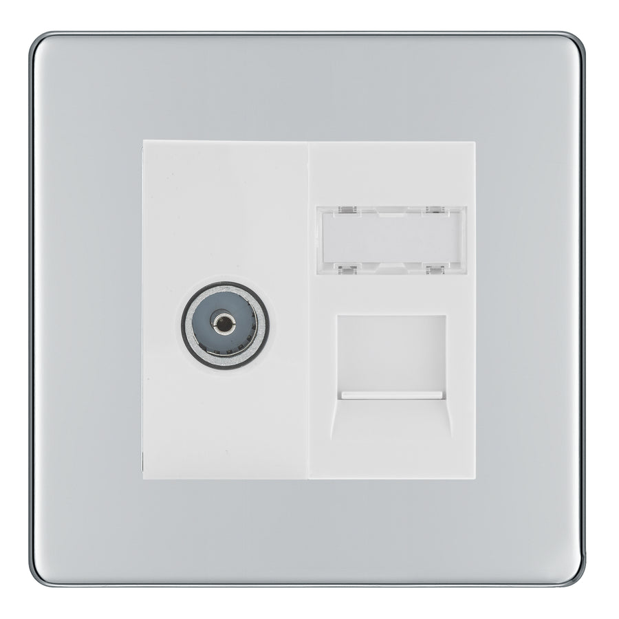 BG Screwless Polished Chrome TV Aerial & RJ45 CAT6 Data Socket - White Insert