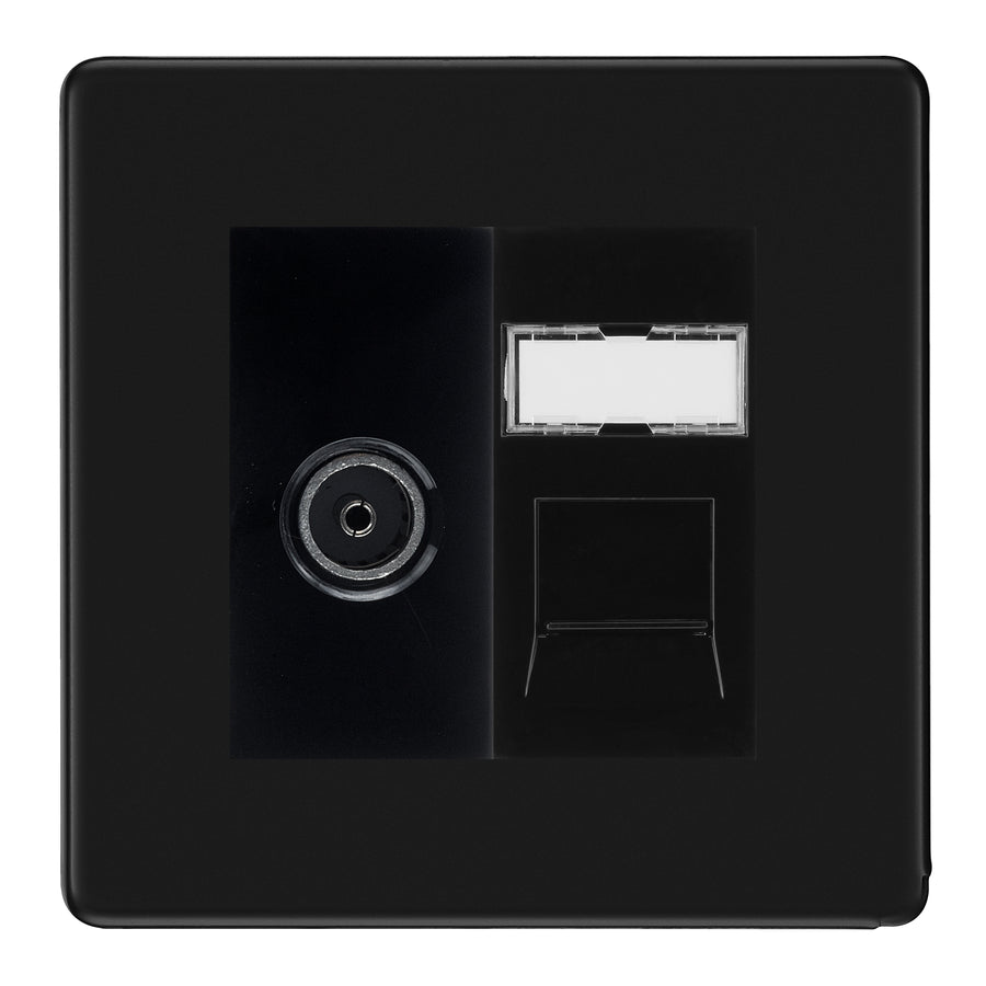 BG Screwless Matt Black TV Aerial & RJ45 CAT6 Data Socket - Black Insert