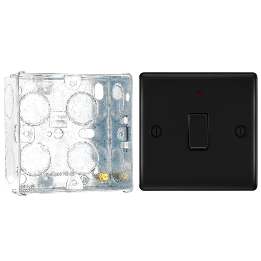 BG Nexus Matt Black 1 Gang 20A 2 Pole Neon Switch NFB31 with 35mm Steel Back Box