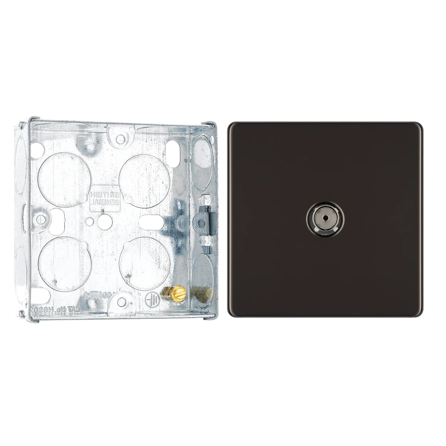 BG Screwless Black Nickel 1 Gang Coaxial TV Socket FBN60 with 25mm Steel Back Box