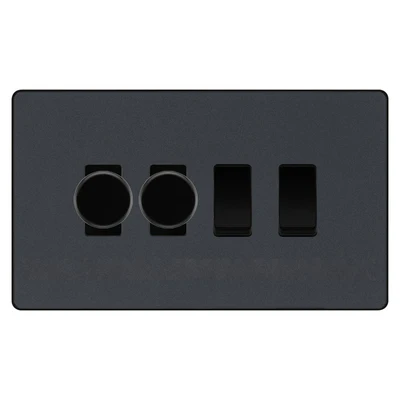 BG Evolve Matt Grey 4 Gang Light Switch Grid – 2x Trailing-Edge LED Dimmer, 1x Intermediate, 1x 2-Way Switch