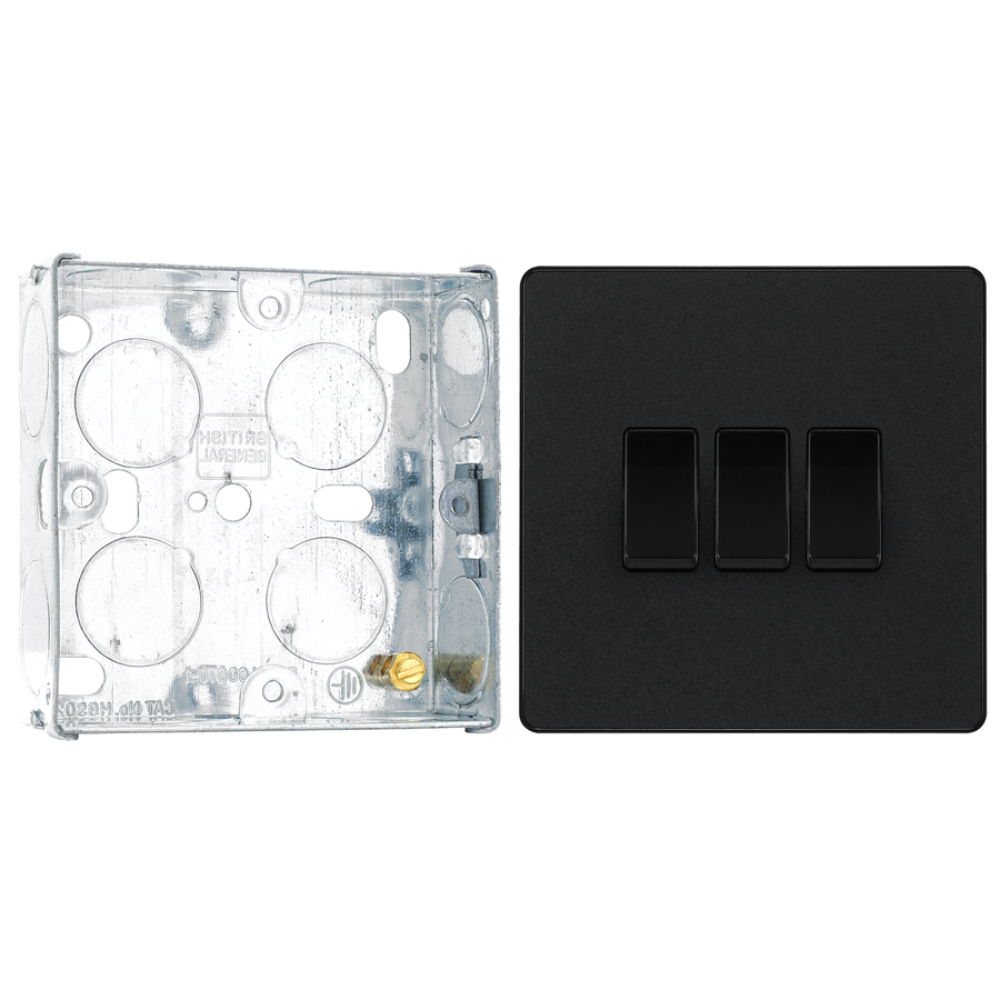 BG Evolve Matt Black 3 Gang 20A 16AX 2 Way Light Switch PCDMB43B with 25mm Steel Back Box
