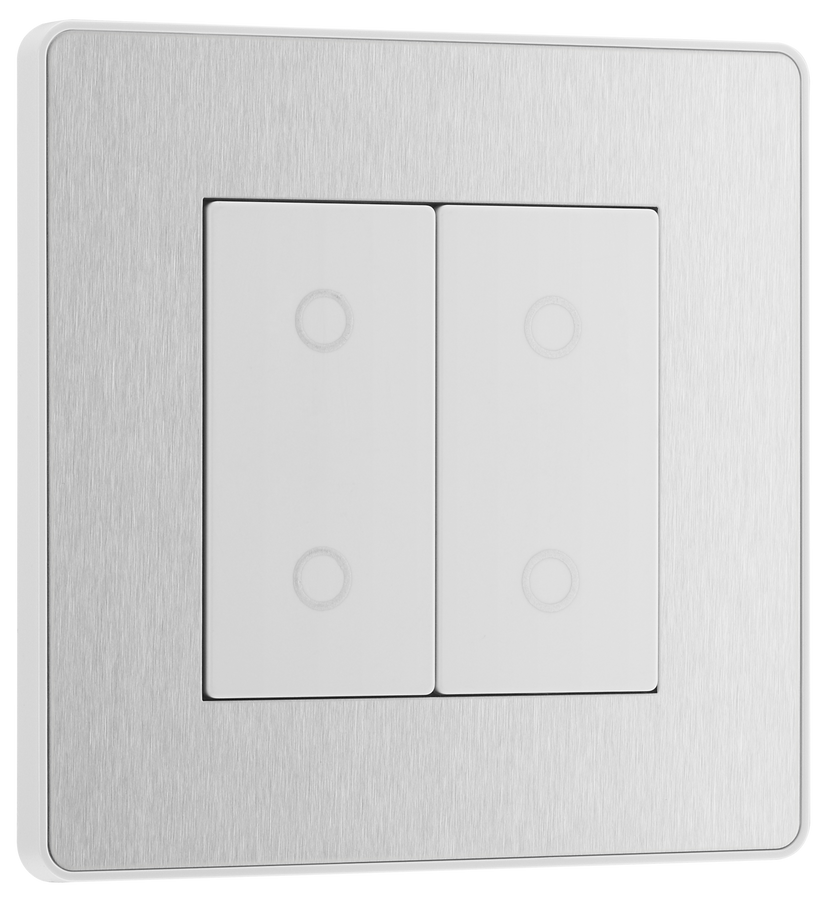 PCDBSTDM2W Front - This Evolve Brushed Steel double master trailing edge touch dimmer allows you to control your light levels and set the mood.